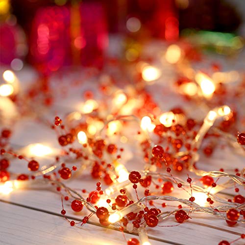 Weihnachten Perlen Girlande Lichterkette13 Füße 40 LED Perlen Beere Perlen Weihnachten Festliches Licht für Indoor Outdoor Weihnachten Party Dekoration, 2 Flicker Modi (Rot) von Mudder