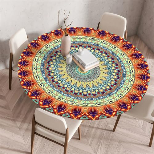 Muiuou Elastische Tischdecke Rund Abwaschbar, Mandala Druck Wasserdicht Antifouling Küchentisch Outdoor Rund Tischdecken Gartentisch Geeignet für Dekoration (Stil 1,80 cm (Rund)) von Muiuou