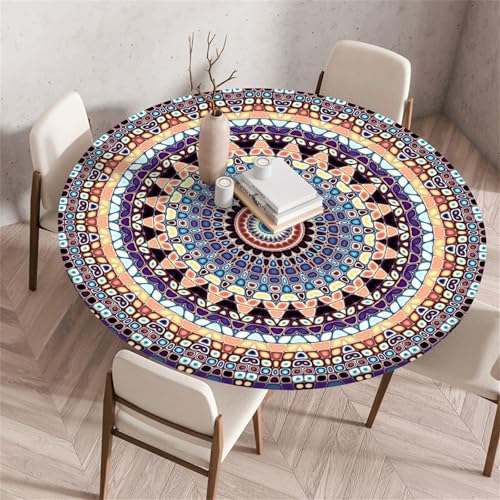 Muiuou Elastische Tischdecke Rund Abwaschbar, Mandala Druck Wasserdicht Antifouling Küchentisch Outdoor Rund Tischdecken Gartentisch Geeignet für Dekoration (Stil 12,130 cm (Rund)) von Muiuou