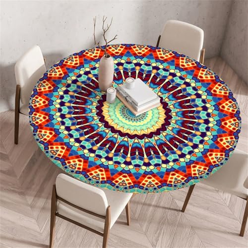 Muiuou Elastische Tischdecke Rund Abwaschbar, Mandala Druck Wasserdicht Antifouling Küchentisch Outdoor Rund Tischdecken Gartentisch Geeignet für Dekoration (Stil 15,120 cm (Rund)) von Muiuou