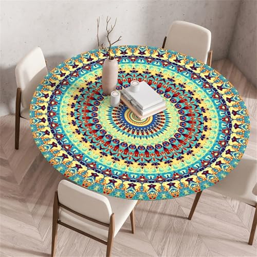 Muiuou Elastische Tischdecke Rund Abwaschbar, Mandala Druck Wasserdicht Antifouling Küchentisch Outdoor Rund Tischdecken Gartentisch Geeignet für Dekoration (Stil 17,80 cm (Rund)) von Muiuou
