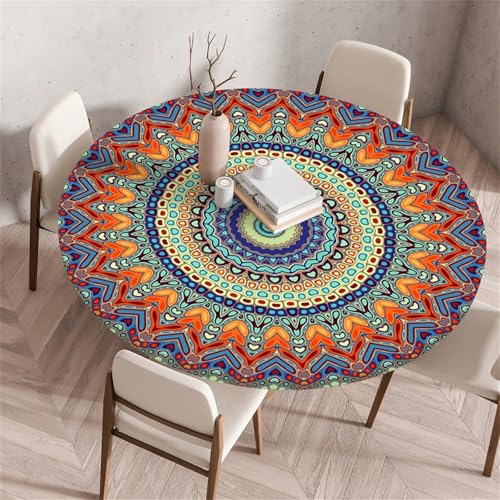 Muiuou Elastische Tischdecke Rund Abwaschbar, Mandala Druck Wasserdicht Antifouling Küchentisch Outdoor Rund Tischdecken Gartentisch Geeignet für Dekoration (Stil 4,130 cm (Rund)) von Muiuou
