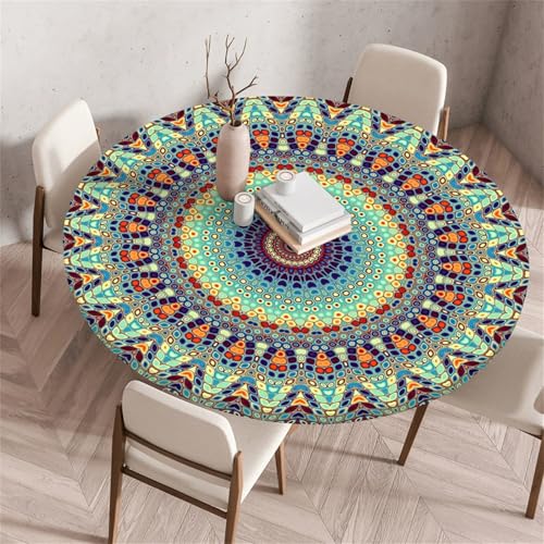 Muiuou Elastische Tischdecke Rund Abwaschbar, Mandala Druck Wasserdicht Antifouling Küchentisch Outdoor Rund Tischdecken Gartentisch Geeignet für Dekoration (Stil 7,120 cm (Rund)) von Muiuou