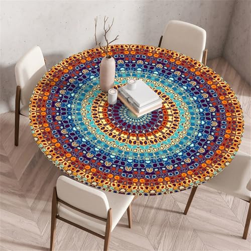 Muiuou Elastische Tischdecke Rund Abwaschbar, Mandala Druck Wasserdicht Antifouling Küchentisch Outdoor Rund Tischdecken Gartentisch Geeignet für Dekoration (Stil 8,70 cm (Rund)) von Muiuou