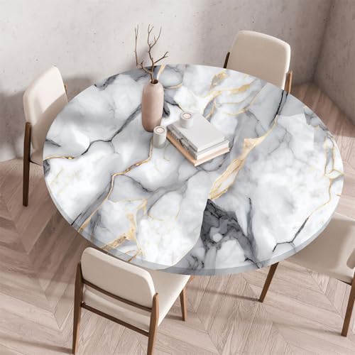 Muiuou Elastische Tischdecke Rund Abwaschbar, Marmor Drucken Wasserabweisend Rund Tischtuch, Dauerhaft Kratzfest für Wohnzimmer, Esszimmer, Gartentischdecke (Durchmesser 90cm,Marmor 14) von Muiuou