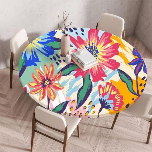 Muiuou Tischdecke Outdoor Rund,Drucken Tischdecke Wasserdicht Abwaschbar Elastisch Rund Gartentischdecke, für Garten,Küche,Esstisch Parteien Tischdecken Dekoration (Durchmesser 100cm,Stil 17) von Muiuou