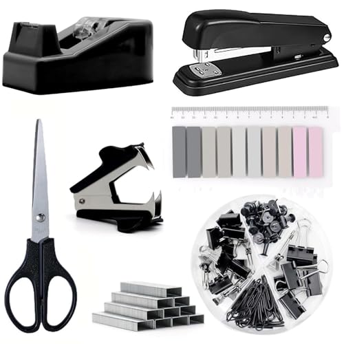 Bürobedarf, schwarzes Schreibtischzubehör, Hefter- und Klebebandspender-Set mit Heftklammerentferner, Heftklammern, Stifthalter, Clips, Schere, Geschenk für Kollegen (schwarz) von Mujiluxe