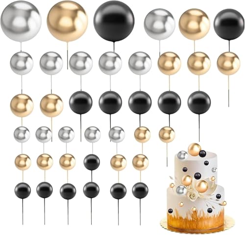 Happy Birthday Tortendeko Schwarz, DIY Kuchen Topper,60 Stück Tortendeko Kugeln Cake Topper,für Hochzeit Party Geburtstag Torte Dekorieren (Schwarz) von Mujiluxe