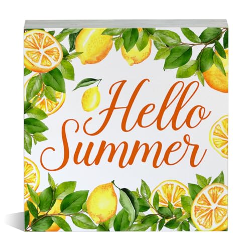 Hello Summer Holzschild Sommer Zitronen Holzblock Tischschild Dekoratives Schreibtischschild Heimregal Dekor 12,7 x 12,7 cm von Mukjyuyi
