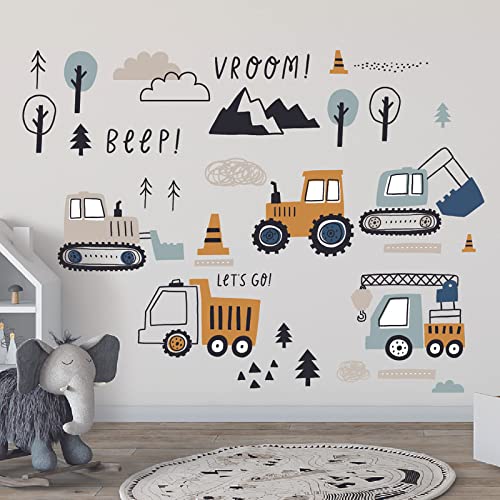 37 Stück Wandtattoo Kinderzimmer Junge, Konstruktion Wandsticker Kinderzimmer Jungen Selbstklebend, Schlafzimmer Spielzimmer Wand Deko Bagger Bulldozer Straßenwalze Gabelstapler (Typ C) von Mulaibdin