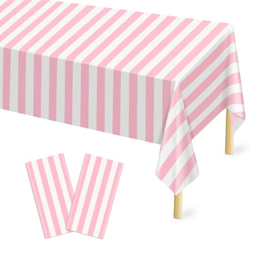 Mulbozy Kunststoff-Tischdecke, Einweg-Tischdecke, 137 x 274 cm, rosa und weiß gestreift, rosa Kunststoff-Tischdecke für Karneval, Filmabend, Geburtstag, Halloween, Weihnachtsfeier, 2 Stück Mulbozy Kunststoff-Tischdecke, Einweg-Tischdecke, 137 x 274 cm, rosa und weiß gestreift, rosa Kunststoff-Tischdecke für Karneval, Filmabend, Geburtstag, Halloween, Weihnachtsfeier, 2 Stück von Mulbozy