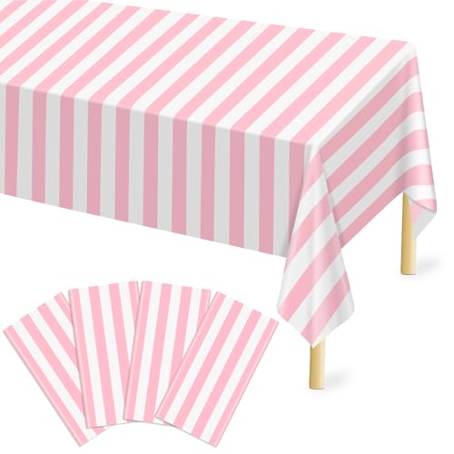 Mulbozy Kunststoff-Tischdecke, Einweg-Tischdecke, 137 x 274 cm, rosa und weiß gestreift, rosa Kunststoff-Tischdecke für Karneval, Filmabend, Geburtstag, Halloween, Weihnachtsfeier, 4 Stück Mulbozy Kunststoff-Tischdecke, Einweg-Tischdecke, 137 x 274 cm, rosa und weiß gestreift, rosa Kunststoff-Tischdecke für Karneval, Filmabend, Geburtstag, Halloween, Weihnachtsfeier, 4 Stück von Mulbozy