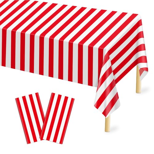 Mulbozy Kunststoff-Tischdecke, Einweg-Tischdecke, 137 x 274 cm, rot und weiß gestreift, rote Kunststoff-Tischdecke für Karneval, Filmabend, Geburtstag, Halloween, Weihnachtsfeier, 2 Stück Mulbozy Kunststoff-Tischdecke, Einweg-Tischdecke, 137 x 274 cm, rot und weiß gestreift, rote Kunststoff-Tischdecke für Karneval, Filmabend, Geburtstag, Halloween, Weihnachtsfeier, 2 Stück von Mulbozy