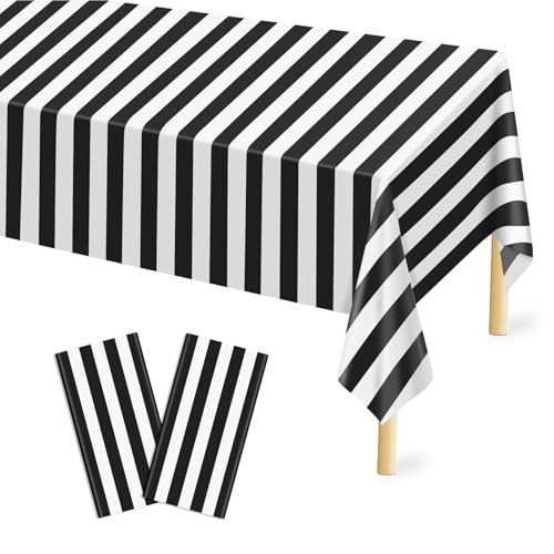 Mulbozy Kunststoff-Tischdecke, Einweg-Tischdecke, 137 x 274 cm, schwarz-weiß gestreift, schwarze Kunststoff-Tischdecke für Karneval, Filmabend, Geburtstag, Halloween, Weihnachtsfeier, 2 Stück Mulbozy Kunststoff-Tischdecke, Einweg-Tischdecke, 137 x 274 cm, schwarz-weiß gestreift, schwarze Kunststoff-Tischdecke für Karneval, Filmabend, Geburtstag, Halloween, Weihnachtsfeier, 2 Stück von Mulbozy