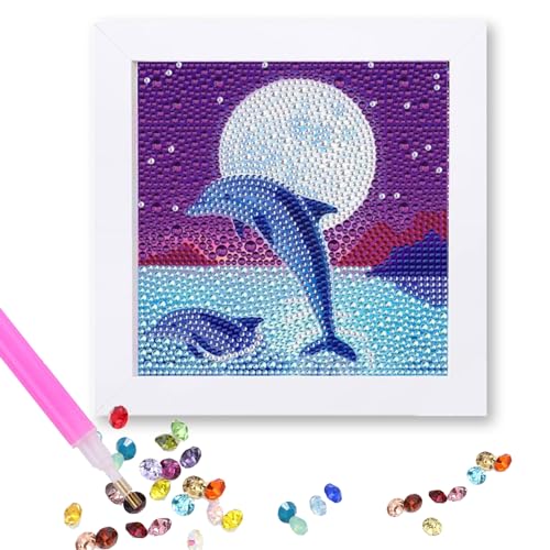 Diamond Painting Set Mit Holzrahmen,5D Strass-Stickerei Dolphin Full Delfin Mosaikherstellung, Malen nach Zahlen Diamant Anfänger - Meereslebewesen Kunst Basteln für Kinder Mädchen, Erwachsene von Muligheter