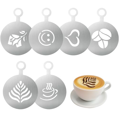 6 Stück Kaffeeschablonen aus Edelstahl, Kaffee-Dekorationsschablone, Cappuccino Kunst Schablone für Barista, Kuchendekorationswerkzeug 6 Stück Kaffeeschablonen aus Edelstahl, Kaffee-Dekorationsschablone, Cappuccino Kunst Schablone für Barista, Kuchendekorationswerkzeug von Mulomir