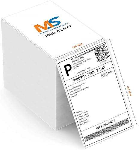 Versandetiketten 4x6 Thermo Etiketten 100 x 150 mm - 1000 Etiketten je Karton Selbstklebend Leporello Falzetiketten Perforiert DHL Wasserfester Versandaufkleber, BPA Frei (5) von Multi-Shopping