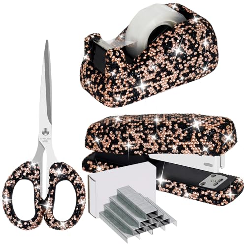MultiBey Bling Bürobedarf-Set mit Strasssteinen, Schreibtischhefter und Klebebandabroller mit 1000 Heftklammern, Diamant-Desktop-Hefter und Bling-Schere, Bandschneider für Zuhause, Schule, Büro von MultiBey