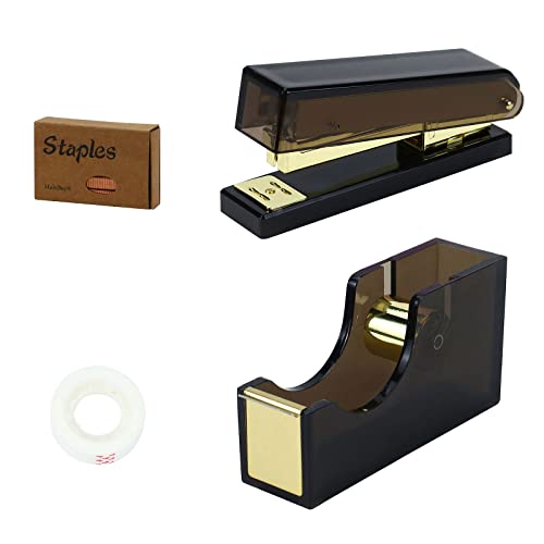 MultiBey Schwarz & Gold Hefter und Klebebandabroller-Set, Acryl-Stilvoller Hefterbandhalter 2.5 cm Kern, schwarz und goldfarben, Zuhause, Büro (Hefter & Klebebandabroller) von MultiBey