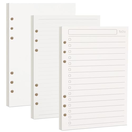 Multibey A5-Nachfüllpapier, 3er-Pack, Planer-Einsatz für A5-Ordner, 100 g/m² dickes, nachfüllbares Papier, 6 Löcher, lose Blätter, 135 Blatt (270 Seiten), blanko/liniert/To Do Einlagen Papier von MultiBey