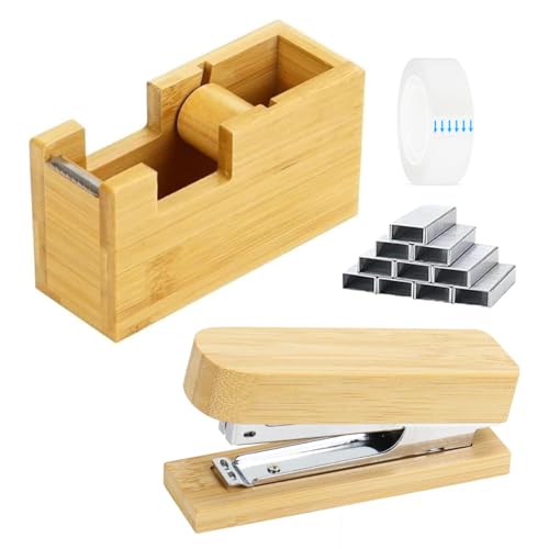 Multibey Bambus-Heftgerät und Klebebandspender-Set mit 1000 Heftklammern und Klebeband-Nachfüllpackung, 2-in-1 Holz-Bürobedarf-Kombination für Schreibtisch-Organisation, Schreibtisch-Organizer für von MultiBey