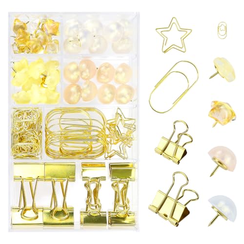 Multibey Büroklammern und Binderklammern-Set, 118 Stück, klein, mittel, Metallklemme mit Pinnnadeln, Büroklammern, Stern, runde Reißnägel, niedlich, goldfarben, Bürobedarf für Schreibtisch, Zubehör Multibey Büroklammern und Binderklammern-Set, 118 Stück, klein, mittel, Metallklemme mit Pinnnadeln, Büroklammern, Stern, runde Reißnägel, niedlich, goldfarben, Bürobedarf für Schreibtisch, Zubehör von MultiBey