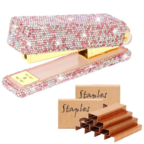 Multibey Strass-Hefter für den Schreibtisch, handgefertigtes Heftgerät mit 2000 Heftklammern, Büro-Desktop-Schillernde Heftgeräte, Strass-Schreibtischzubehör für Damen (Rosa) von MultiBey