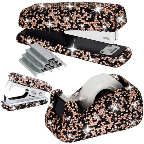 Multibey Strass-Schreibtisch-Organizer-Set, glitzerndes Heftgerät und Klebebandspender-Set, 25 Blatt Kapazität, mit 1000 Heftklammern und Hefterentferner, funkelndes Bürobedarf, Geschenk für Frauen von MultiBey