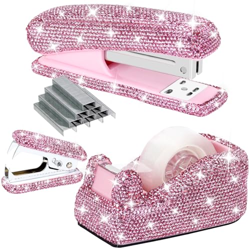 Multibey Strass-Schreibtisch-Organizer-Set, glitzerndes Heftgerät und Klebebandspender-Set, 25 Blatt Kapazität, mit 1000 Heftklammern und Hefterentferner, funkelndes Bürobedarf, Geschenk für Frauen von MultiBey
