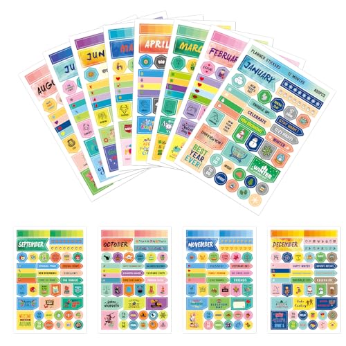 MultiValue Planer Sticker, 12 Blätter farbige ästhetische Sticker kreative Plan Icons Journal Sticker mit Monat Urlaub Unverzichtbare Planer Zubehör für Planer Kalender (12) von MultiValue