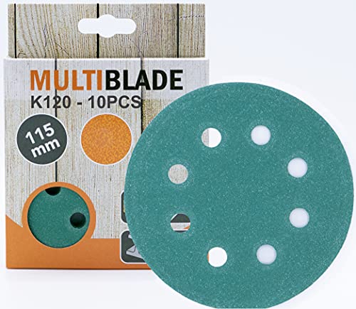 Multiblade Professioneller Klett Schleifscheiben 115mm, 10 Stück, Korn 120, 8 Löcher, für Holz und Metall, Profesioneller Qualität, für Exzenterschleifer, Rotationsschleifer von Multiblade