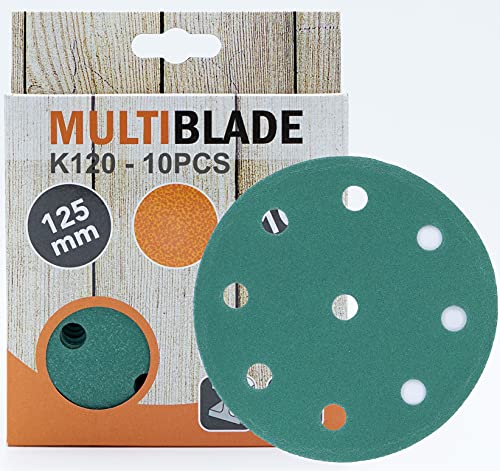 Multiblade Professioneller Klett Schleifscheiben 125mm, 10 Stück, Korn 120, 9 Löcher, für Holz und Metall, Profesioneller Qualität, für Exzenterschleifer, Rotationsschleifer von Multiblade