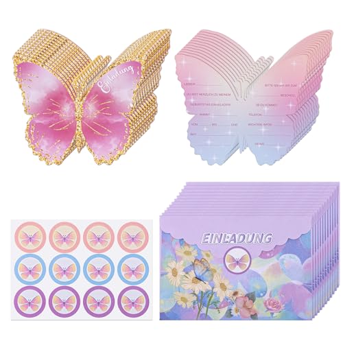 MumdoYAL 12PCS Set Schmetterlings Einladungskarten für Kindergeburtstagsfeier, Einladungs Geburtstagskarten für Mädchen Jungen - 12 Einladungskarten| 12 Umschläge |12 Siegelsticker von MumdoYAL
