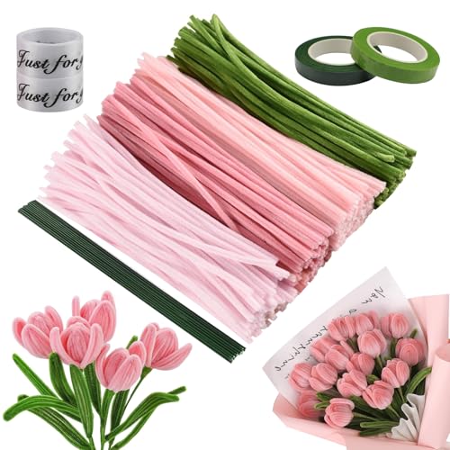 Pfeifenreiniger Blumen Set Rosa Tulip Bouquet Pfeifenreiniger Set-4 Farben Pfeifenputzer zum Basteln mit 20 Stück Grünem Bastelfaden Geschenkband Klebeband Jahrestag Handwerk Dekorieren von Mumjooyi