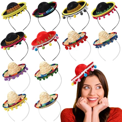 Mumufy Cinco De Mayo Sombrero Stirnband, Hüte, Mini-Hut, Stirnband mit Fiesta-Stoff, mexikanische Themen-Dekorationen (Classic 2), 12 Stück von Mumufy
