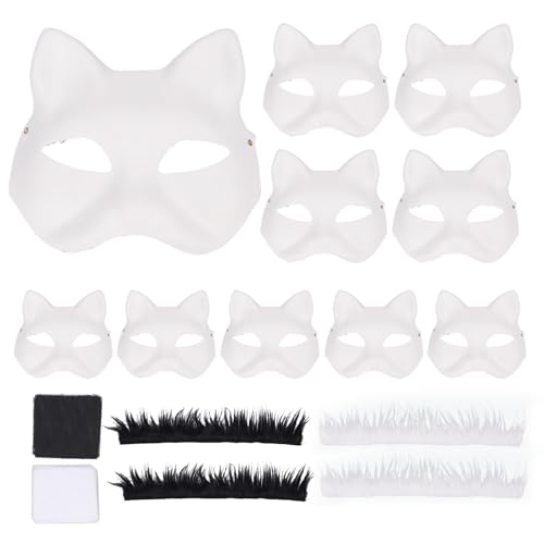 Mumusuki 10 Stück Katzenmasken, Papierweiß, Blanko, Unbemalt, Therian-Masken, Katzen-Halbgesichtsbedeckungen, Kostüm-Requisite für Festivals, Cosplay, Themenpartys von Mumusuki