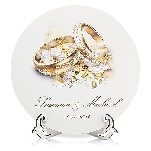 Munera Design - personalisierte Scheibe Geschenk zur Hochzeit 30cm Ringe Gold mit Ständer von Munera Design