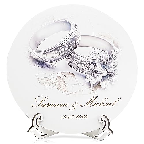 Munera Design - personalisierte Scheibe Geschenk zur Hochzeit 30cm Ringe Silber mit Ständer von Munera Design