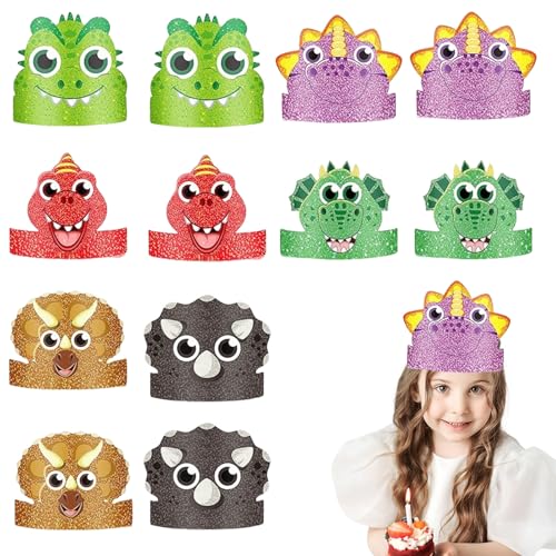 Muorruo 12 Stück Dinosaurier-Partyhüte für Kinder, Papier-Stirnbänder, Krone, Geburtstagsparty-Dekoration, Tier-Geburtstagsparty-Hüte, Tier-Stirnbänder, Papier-Party-Krone für Kinder von Muorruo