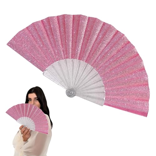 Muorruo Glitzernder Handfächer für Damen mit glänzender transparenter Fächerrippe, großer Faltbarer Handfächer für Hochzeit, Kirche, Festival, Tanz, Party, Abschlussball, Club, Pink von Muorruo