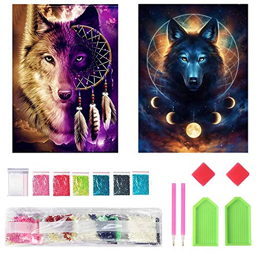 Mupack 2 Stück DIY 5D Diamond Painting Full Kits, Wolf Crystal Rhinestone Embroidery Pictures for Kids and Adult, Full Drill Kit Arts Craft Gift for Home Wall Decor (30 x 40 cm) (Wolf-Diamant) von Mupack