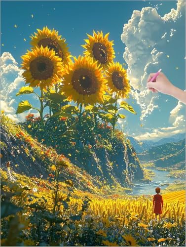Diamond Painting XXL 50x70 cm, Anlage Diamond Painting Erwachsene Bastelset, 5D DIY Diamant Malerei Kinder Stickerei Kreuzstich Bilder Set, Zimmer Deko, Halloween, Weihnachtsgeschen (Sonnenblume) J-77 von Muqouuoi