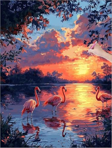 Diamond Painting XXL 50x70 cm, Sonnenuntergang Diamond Painting Erwachsene Bastelset, 5D Diamant Malerei Kinder Stickerei Kreuzstich Bilder Set, Zimmer Deko Halloween Weihnachtsgeschen (Flamingo) F-96 von Muqouuoi