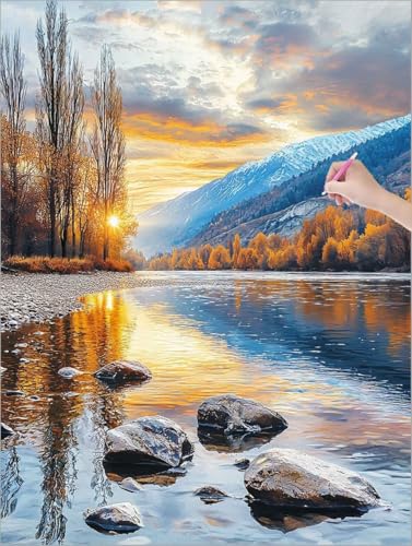 Diamond Painting XXL 80x110 cm, Sonnenuntergang Diamond Painting Erwachsene Bastelset, 5D Diamant Malerei Kinder Stickerei Kreuzstich Bilder Set, Herbst Zimmer Deko Weihnachtsgeschen (Landschaft) G-94 von Muqouuoi