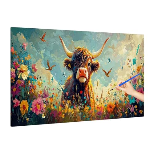 Malen Nach Zahlen Erwachsene Highland Cow, Malen Nach Zahlen Blumen Paint by Numbers Kinder mit Leinwand Pinseln Acrylpigment, DIY Set Erwachsene Bastelset Frauen, Deko Wohnzimmer 220x100cm S-23 von Muqouuoi