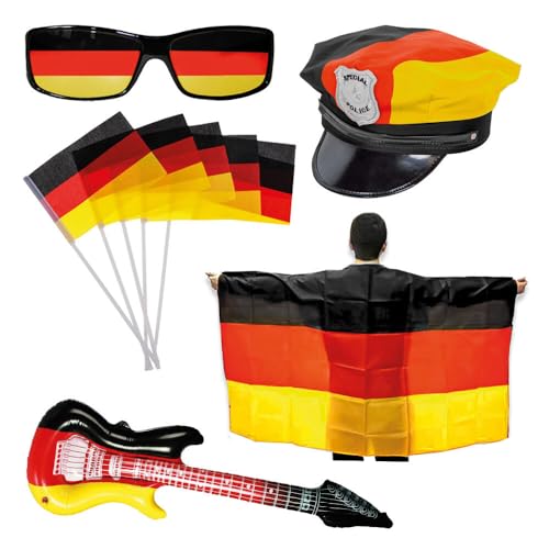 Murago - 10 TLG. Set Deutschland Fanartikel - für Frauen Fanartikel WM EM Fahne Flagge Mütze Kostüm Männer Handfahnen Brille von Murago
