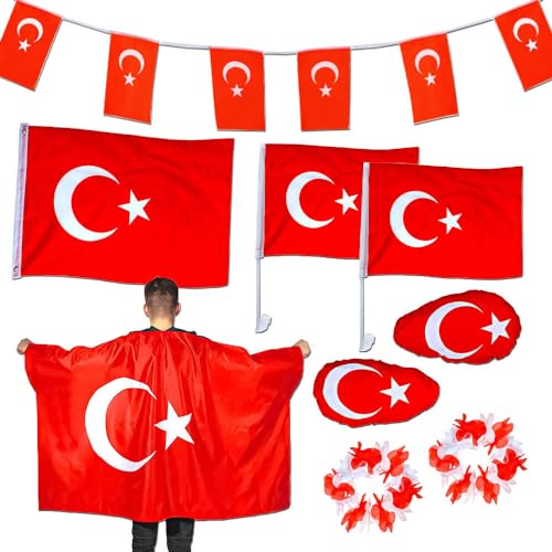 Murago - 10 teiliges Türkei Dekoration Fan Set - Türkiye Bayrak Fahne für Auto Fenster Flagge Party türkische Fanartikel Girlande Umhhang von Murago