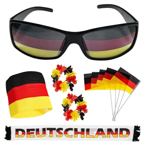 Murago - 11 teiliges Fan Set Deutschland - EM Fanartikel Fußballparty Umhang Fahne Armbinde Armband Kette Flagge Dekoration Brille Murago - 11 teiliges Fan Set Deutschland - EM Fanartikel Fußballparty Umhang Fahne Armbinde Armband Kette Flagge Dekoration Brille von Murago