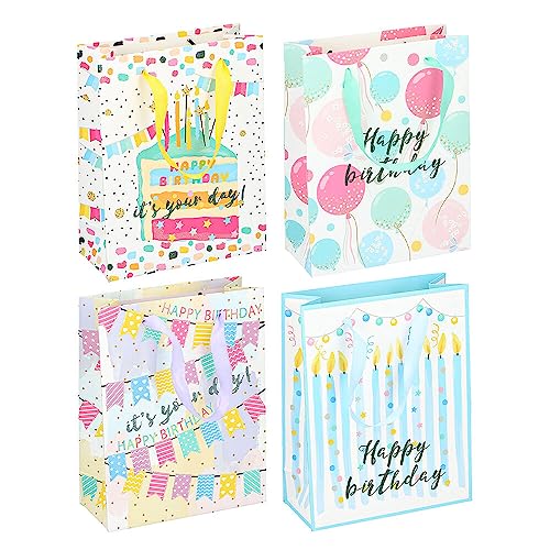 Murago - 4er Set Geschenktüten Happy birthday mit Glitzer ca.23x18x8cm - Papiertüten Geburtstag Geschenktaschen Pastell Henkel aus Schleifen rosa lila blau bunt Verpackung klein robust dickes Papier von Murago