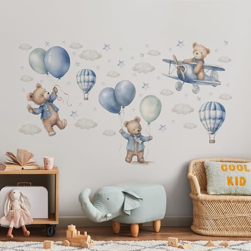 Muralo Sticker Set für Mädchen und Jungen - Aquarell Aufkleber Wandsticker Tattoo für Kinderzimmer - Wandaufkleber Teddybären und Ballons Motiv - Br.120cm x Hö.60cm von Muralo